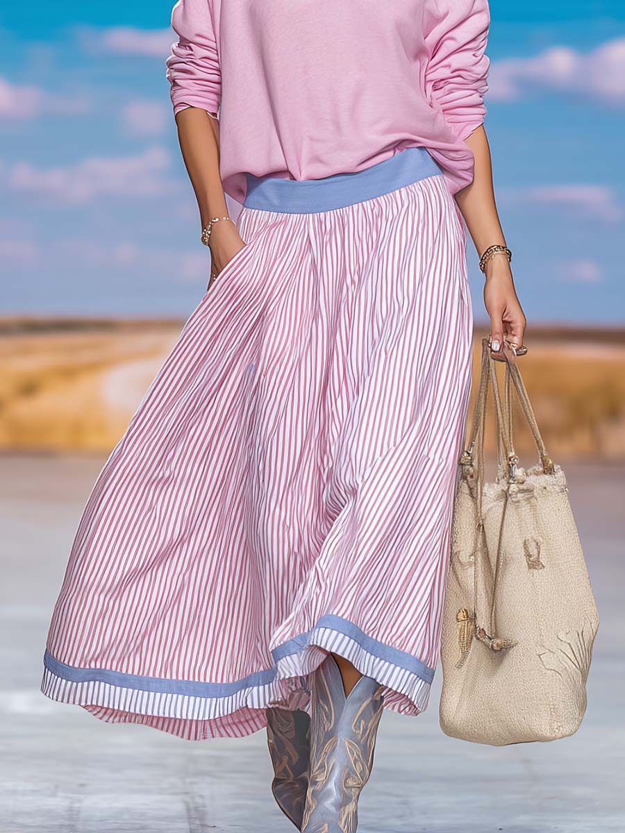 Inga - Midikleid lässig Western aus Leinen gestreift mit V-Ausschnitt