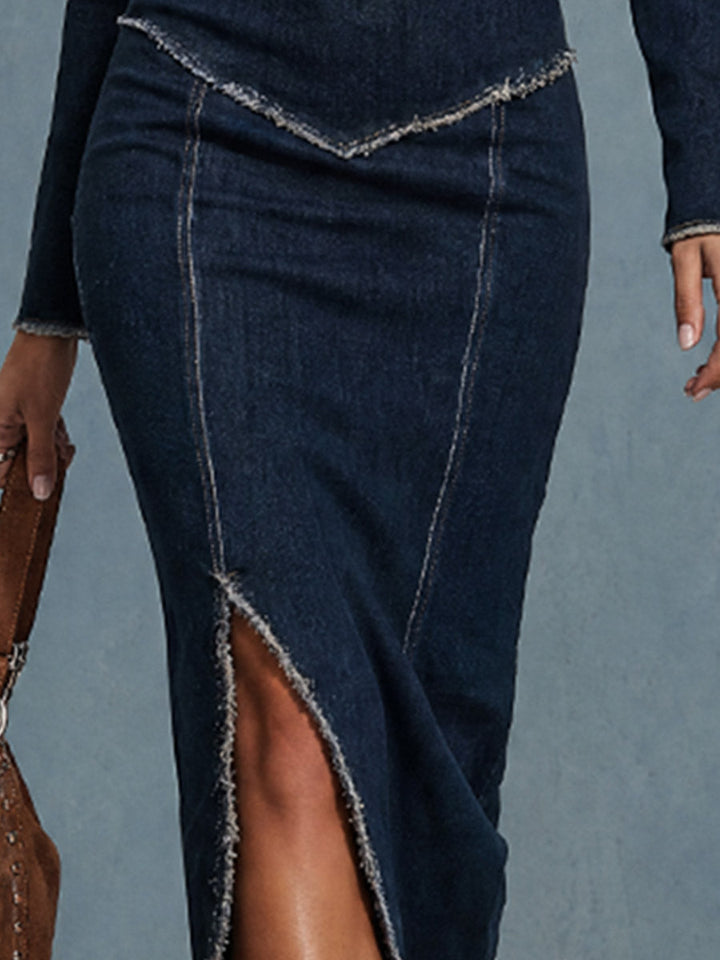 Dörte - Elegantes Midikleid Retro aus Jeansstoff mit Kragen und offener Kante