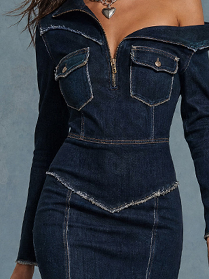 Dörte - Elegantes Midikleid Retro aus Jeansstoff mit Kragen und offener Kante