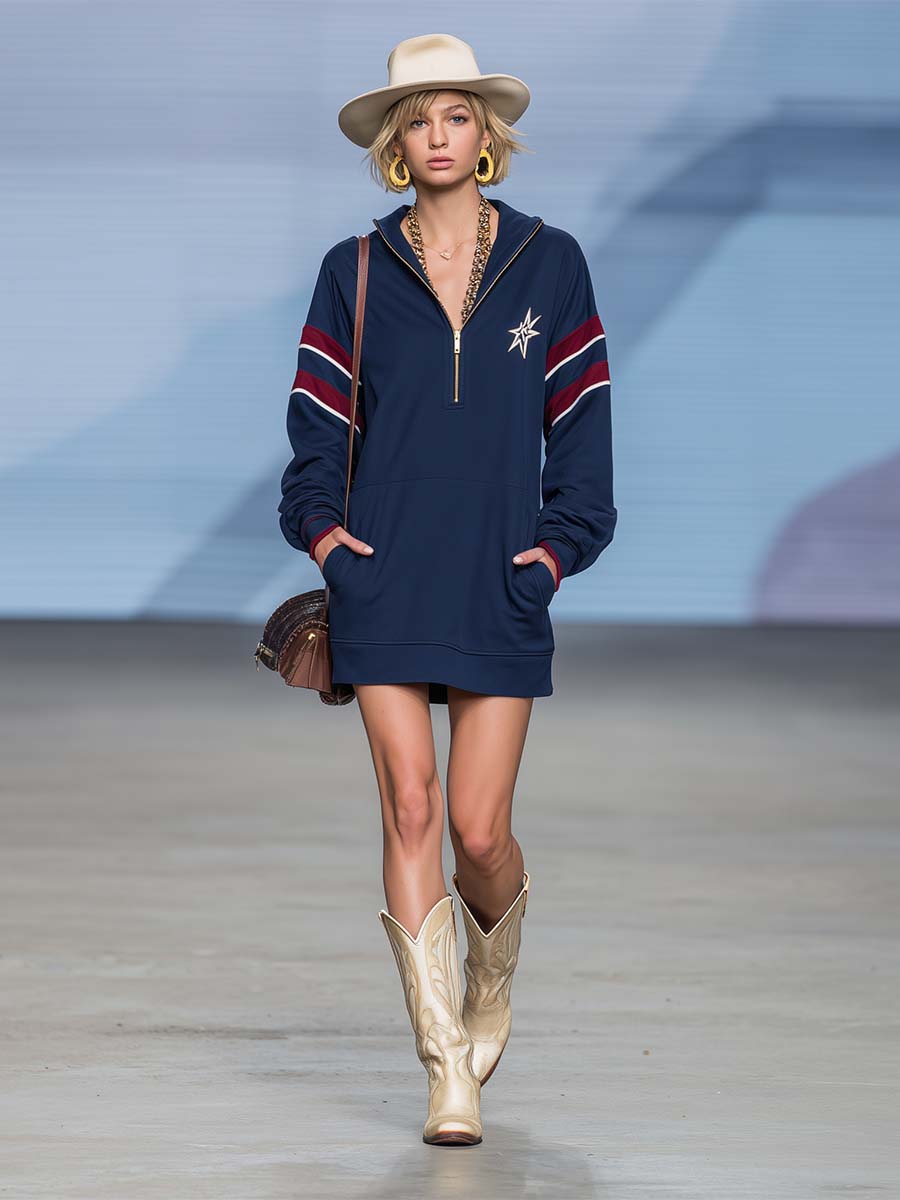 Gerda - Minikleid Western im Retro-Stil aus technischem Gewebe mit Sternen und Reißverschluss und V-Ausschnitt bestickt