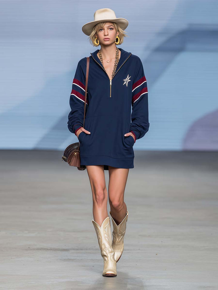 Gerda - Minikleid Western im Retro-Stil aus technischem Gewebe mit Sternen und Reißverschluss und V-Ausschnitt bestickt