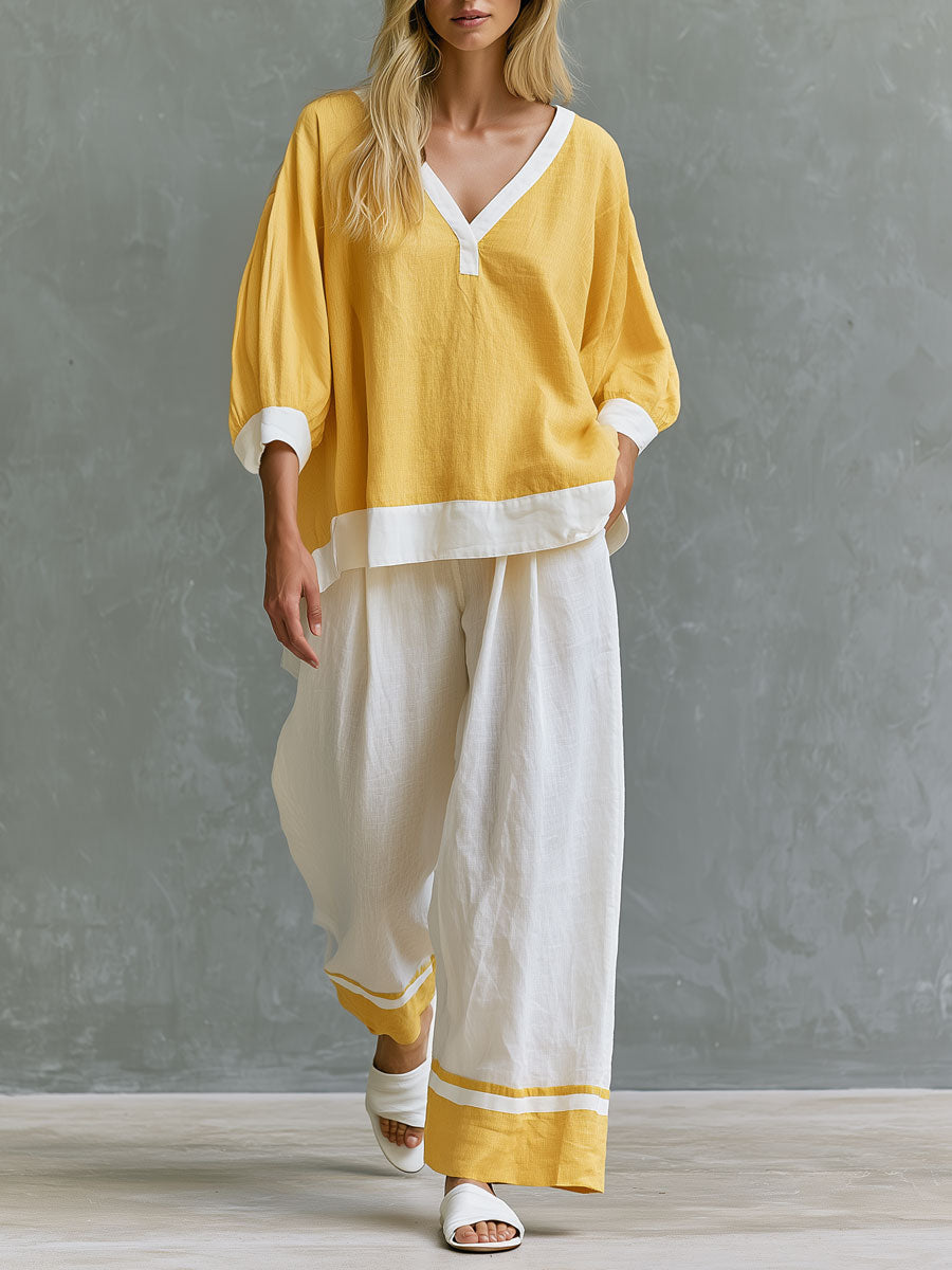 Lilith - Ensemble mit shorts lässig Retro aus Leinen im Farbblock-Design mit V-Ausschnitt