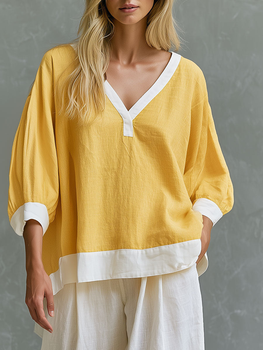 Lilith - Ensemble mit shorts lässig Retro aus Leinen im Farbblock-Design mit V-Ausschnitt