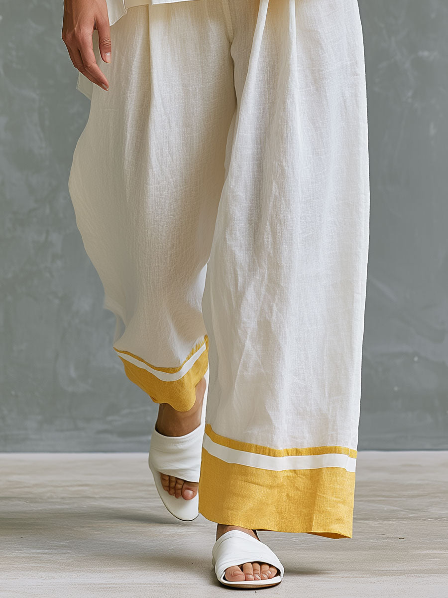 Lilith - Ensemble mit shorts lässig Retro aus Leinen im Farbblock-Design mit V-Ausschnitt