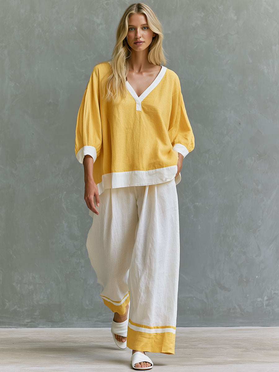 Lilith - Ensemble mit shorts lässig Retro aus Leinen im Farbblock-Design mit V-Ausschnitt