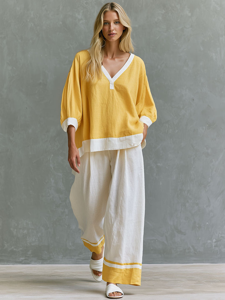 Lilith - Ensemble mit shorts lässig Retro aus Leinen im Farbblock-Design mit V-Ausschnitt