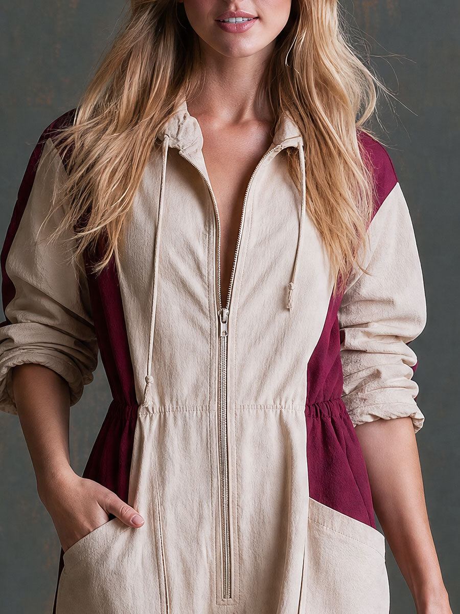 Lene - Overall lässig Retro aus technischem Gewebe im Farbblock-Design mit Reißverschluss und Kapuze mit Linie feminin