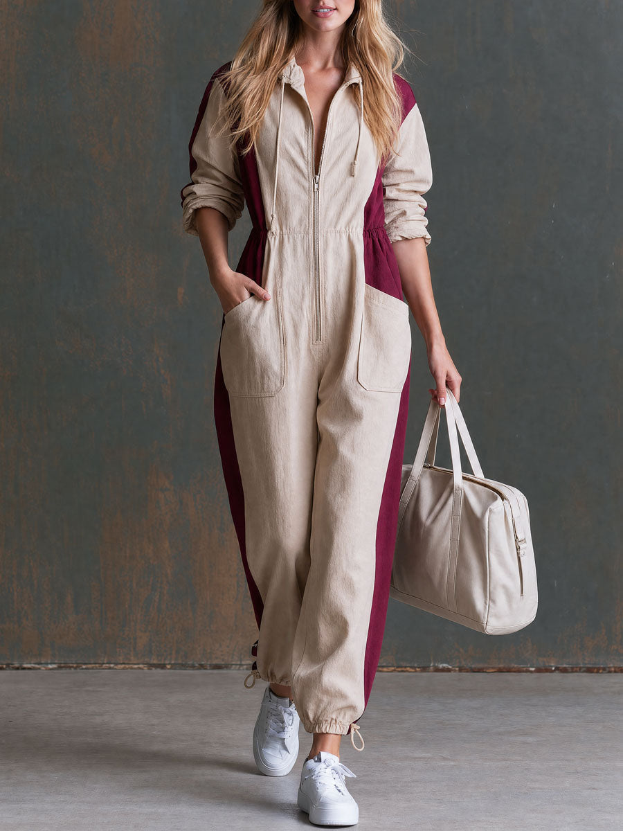 Lene - Overall lässig Retro aus technischem Gewebe im Farbblock-Design mit Reißverschluss und Kapuze mit Linie feminin