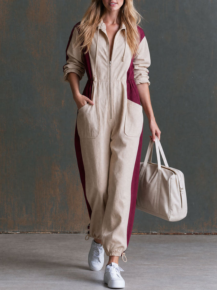 Lene - Overall lässig Retro aus technischem Gewebe im Farbblock-Design mit Reißverschluss und Kapuze mit Linie feminin