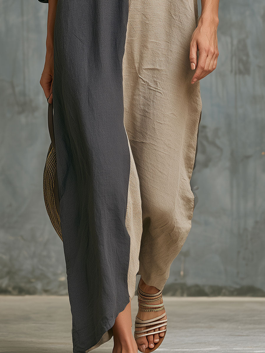 Maira - Midikleid lässig Retro aus Leinen im Farbblock-Design mit V-Ausschnitt und Kapuze