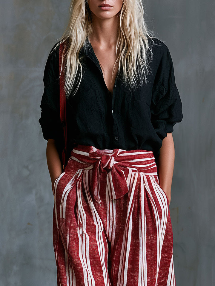 Tara - Lässiges Hosen-Ensemble Retro aus Leinen gestreift mit Kragen mit Linie feminin
