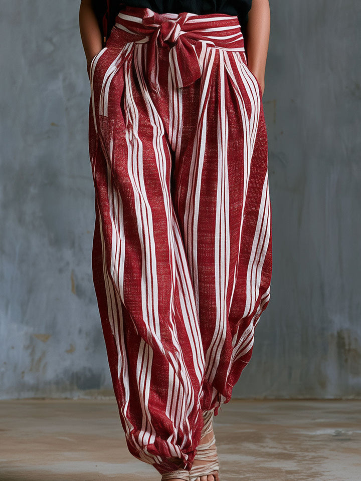 Tara - Lässiges Hosen-Ensemble Retro aus Leinen gestreift mit Kragen mit Linie feminin