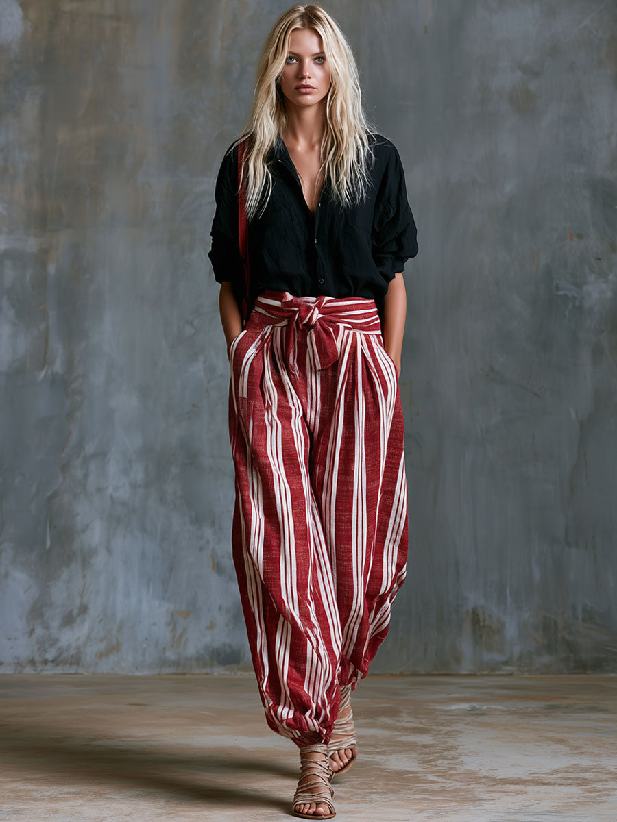 Tara - Lässiges Hosen-Ensemble Retro aus Leinen gestreift mit Kragen mit Linie feminin