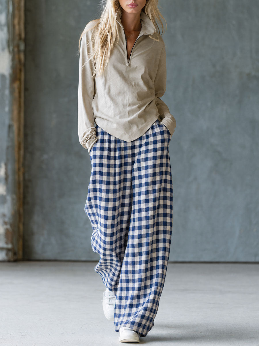 Yasmin - Lässiges Hosen-Ensemble Retro aus Leinen kariert mit Kragen