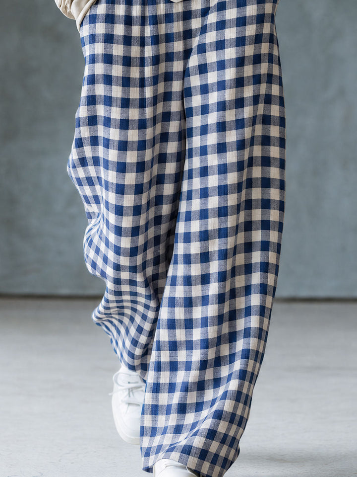 Yasmin - Lässiges Hosen-Ensemble Retro aus Leinen kariert mit Kragen