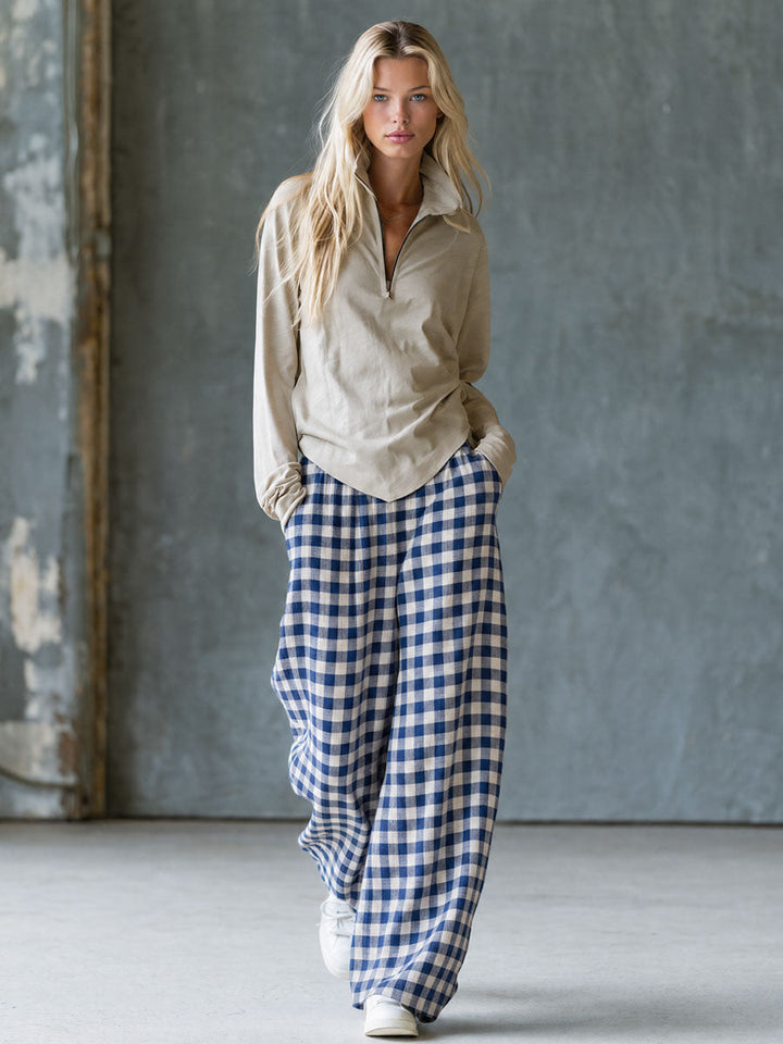 Yasmin - Lässiges Hosen-Ensemble Retro aus Leinen kariert mit Kragen