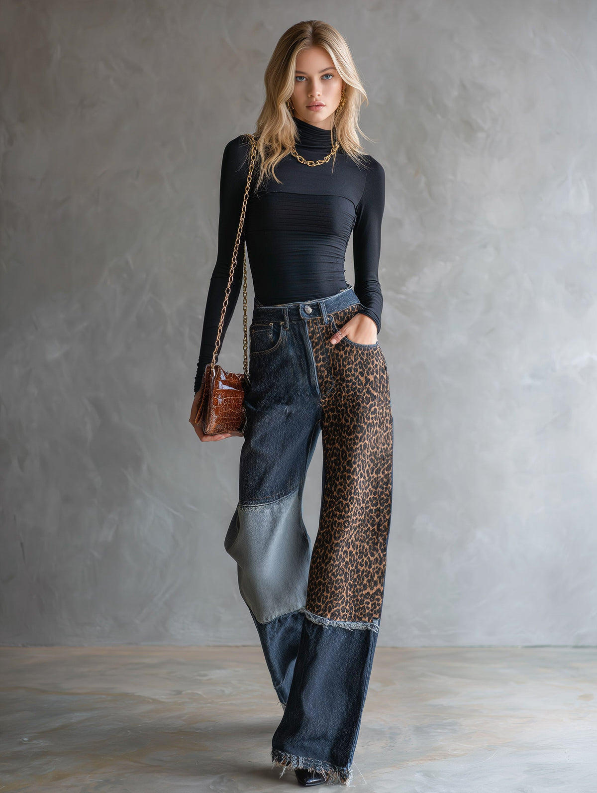 Stefanie - Hose Retro für den Alltag aus Jeansstoff Leopardenmuster