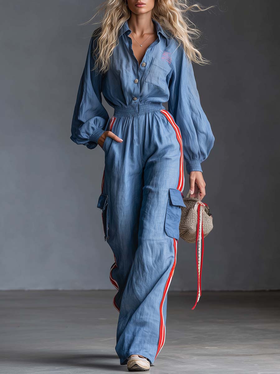 Ruth - Overall Western im Retro-Stil aus Leinen gestreift mit Kragen und V-Ausschnitt