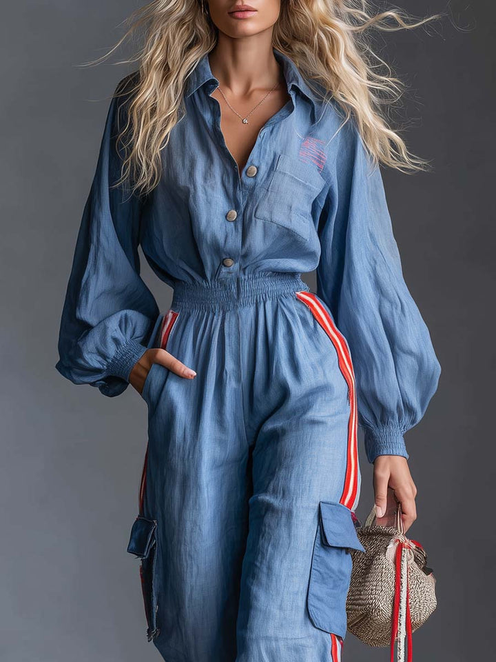 Ruth - Overall Western im Retro-Stil aus Leinen gestreift mit Kragen und V-Ausschnitt