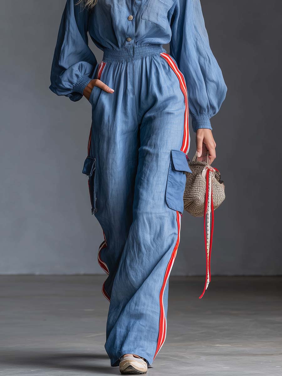 Ruth - Overall Western im Retro-Stil aus Leinen gestreift mit Kragen und V-Ausschnitt