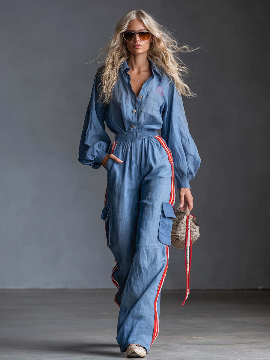 Ruth - Overall Western im Retro-Stil aus Leinen gestreift mit Kragen und V-Ausschnitt
