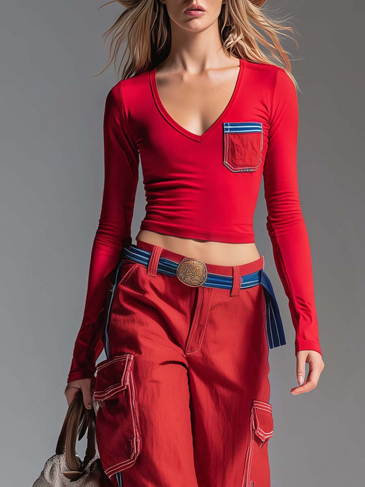 Marlies - Hosen-Ensemble Western im Retro-Stil aus technischem Gewebe mit V-Ausschnitt