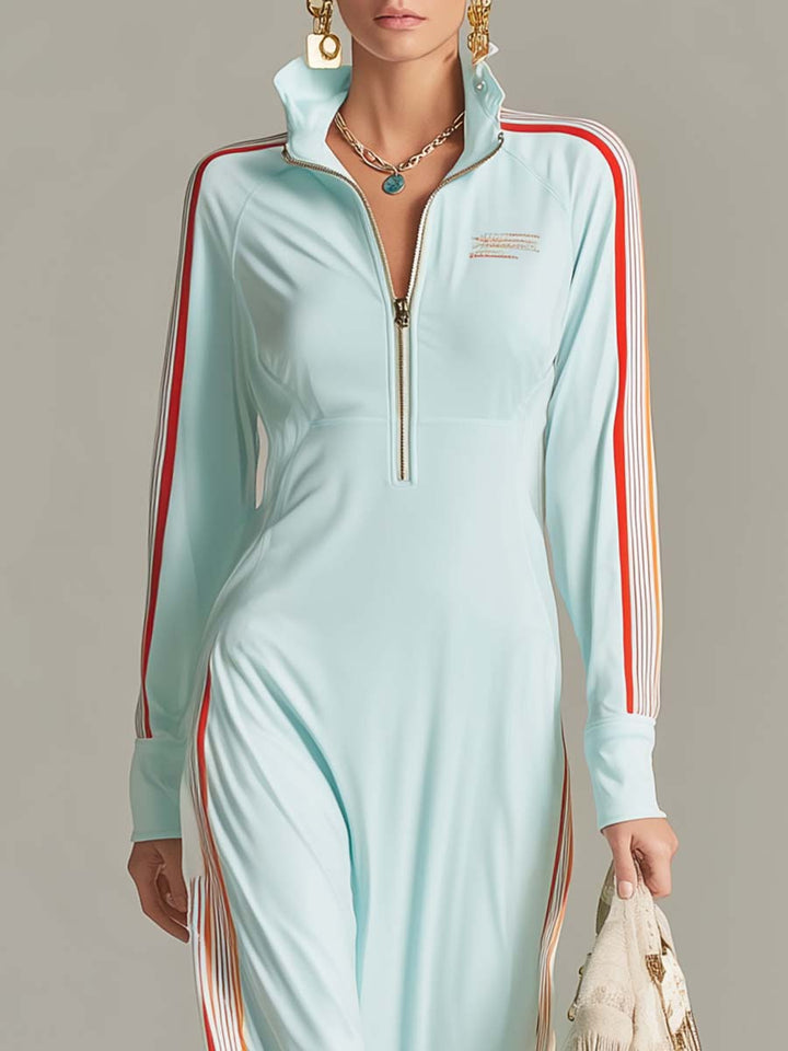Michaela - Maxikleid Western im Retro-Stil aus technischem Gewebe gestreift mit Reißverschluss und Kragen