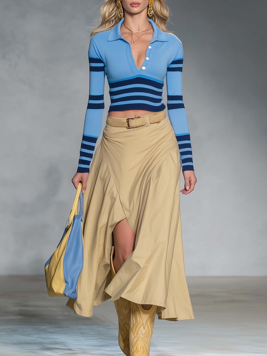 Renate - Maxikleid Western im Retro-Stil aus Leinen gestreift mit V-Ausschnitt