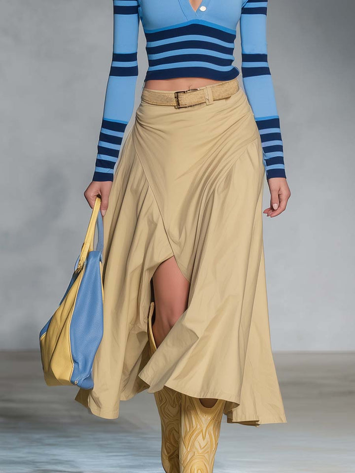 Renate - Maxikleid Western im Retro-Stil aus Leinen gestreift mit V-Ausschnitt