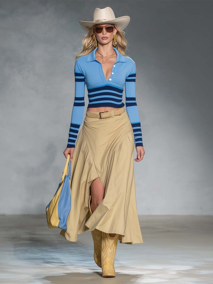 Renate - Maxikleid Western im Retro-Stil aus Leinen gestreift mit V-Ausschnitt