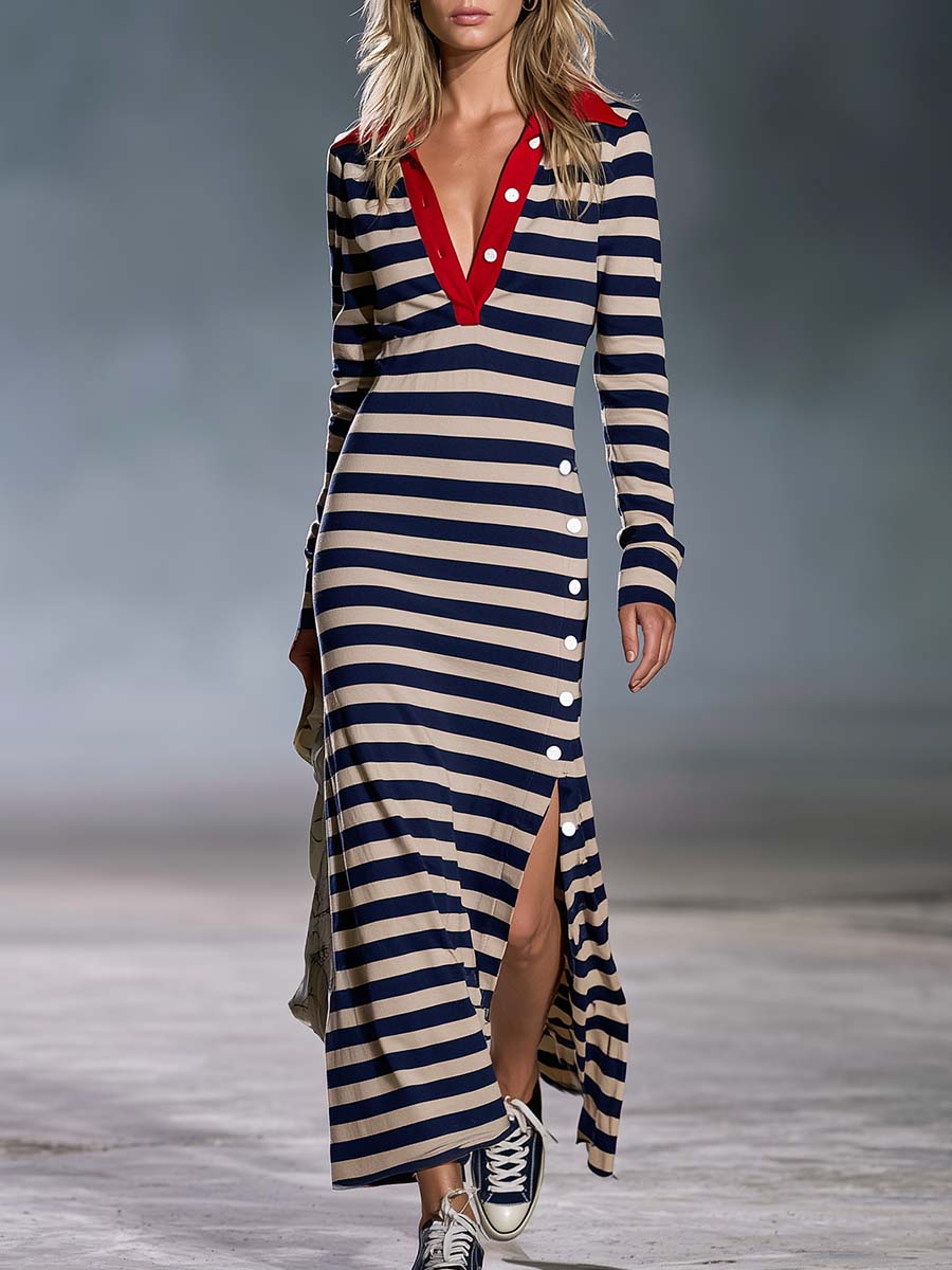 Karin - Maxikleid Western im Retro-Stil aus technischem Gewebe gestreift mit Kragen und V-Ausschnitt