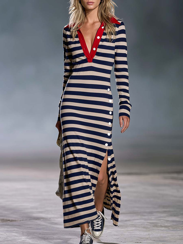 Karin - Maxikleid Western im Retro-Stil aus technischem Gewebe gestreift mit Kragen und V-Ausschnitt