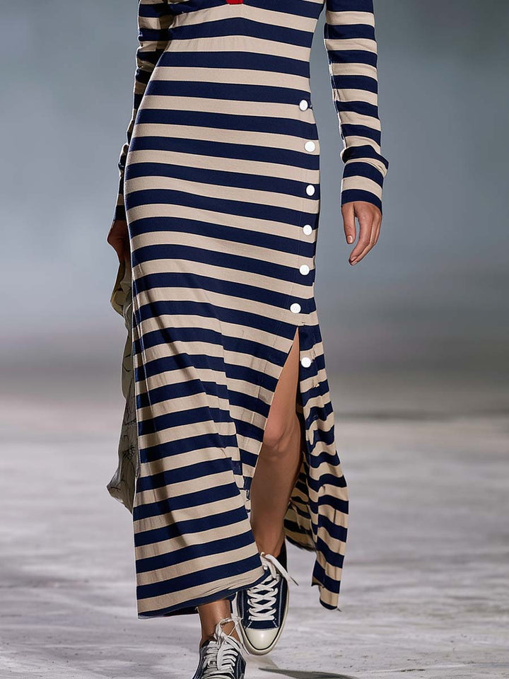 Karin - Maxikleid Western im Retro-Stil aus technischem Gewebe gestreift mit Kragen und V-Ausschnitt