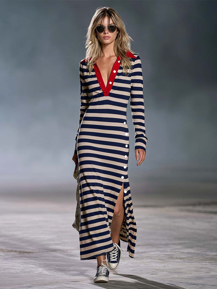 Karin - Maxikleid Western im Retro-Stil aus technischem Gewebe gestreift mit Kragen und V-Ausschnitt