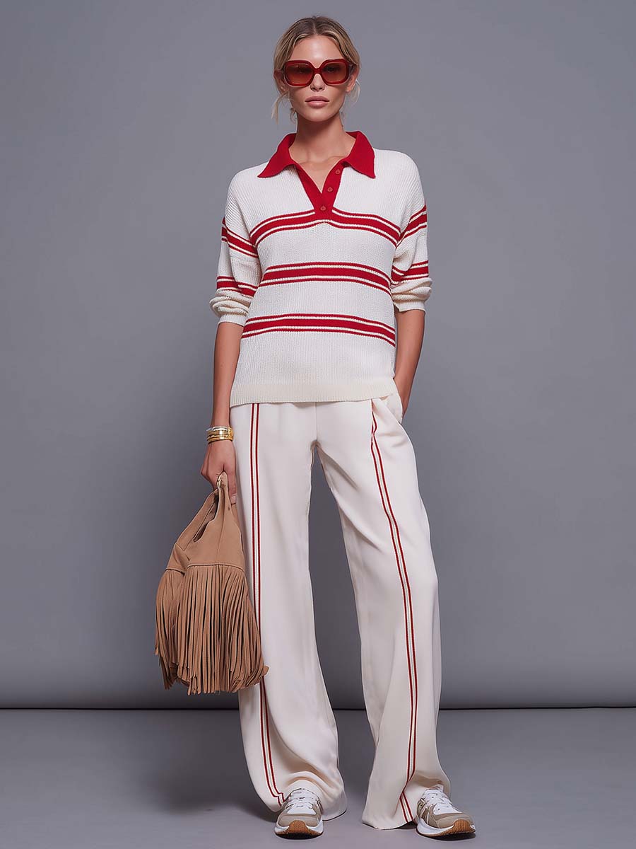 Brigitte - Hosen-Ensemble Western im Retro-Stil aus Strick gestreift mit V-Ausschnitt
