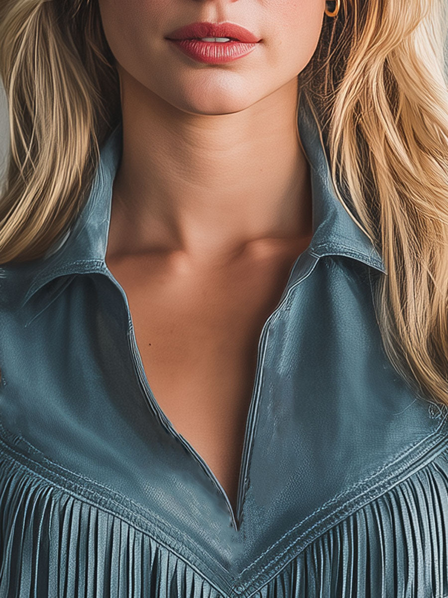 Mia - Bluse Western im Retro-Stil aus Kunstwildleder mit Fransen und V-Ausschnitt