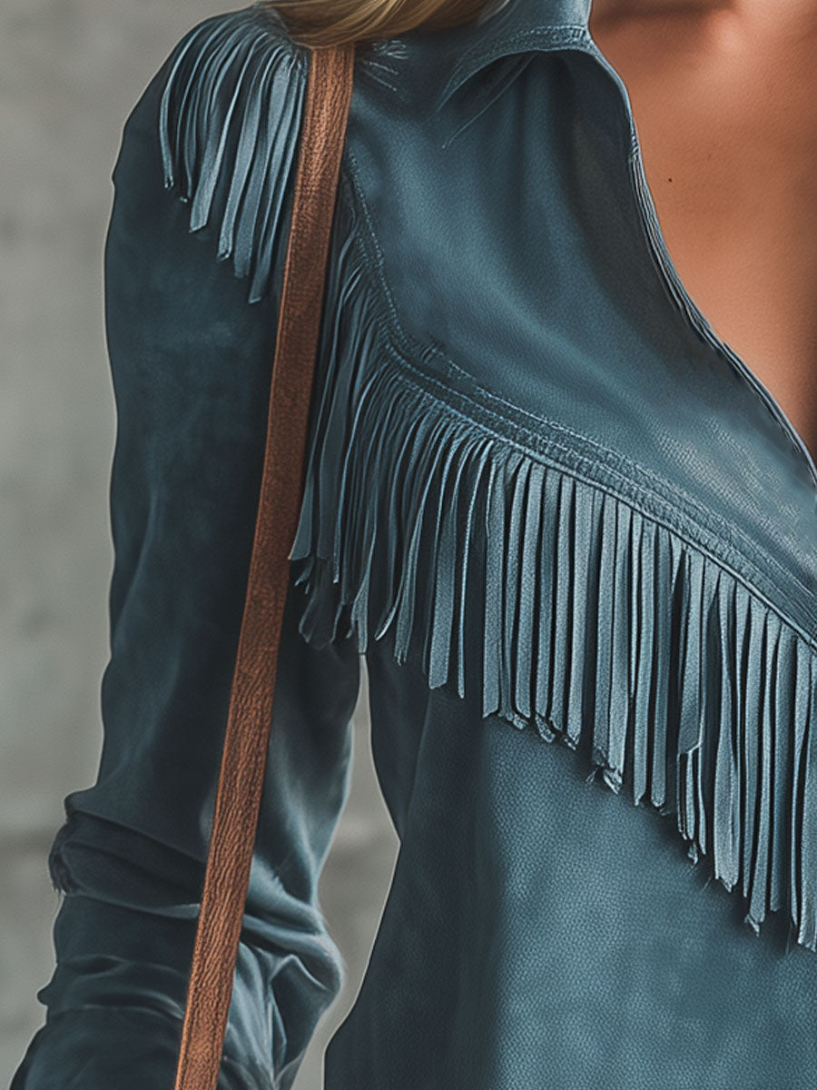 Mia - Bluse Western im Retro-Stil aus Kunstwildleder mit Fransen und V-Ausschnitt