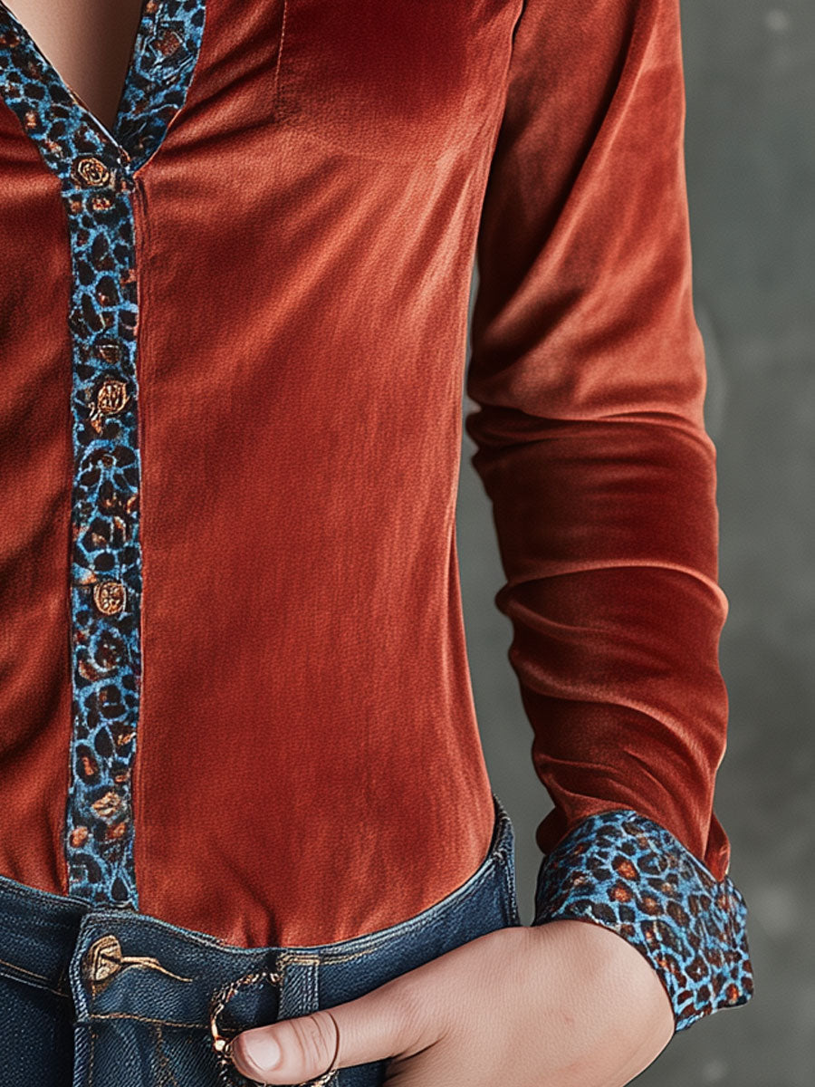Zoé - Bluse Western im Retro-Stil aus Samt Leopardenmuster mit Kragen