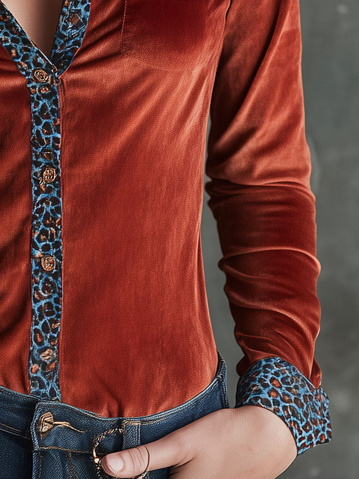 Zoé - Bluse Western im Retro-Stil aus Samt Leopardenmuster mit Kragen