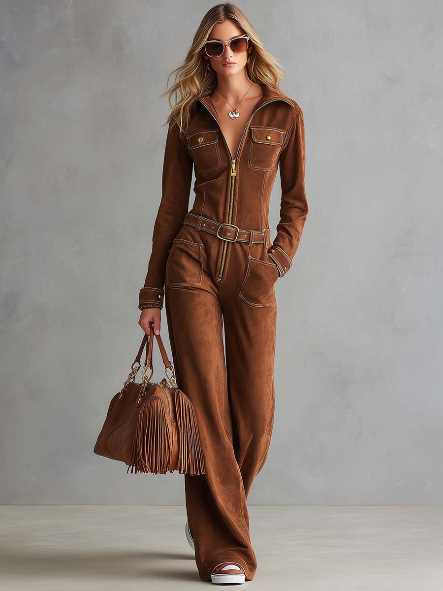 Barbara - Overall Western im Retro-Stil aus Kunstwildleder mit Reißverschluss und Kragen