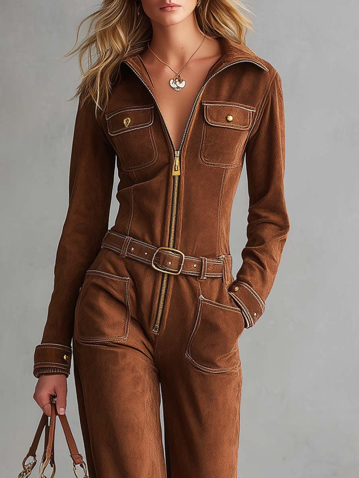 Barbara - Overall Western im Retro-Stil aus Kunstwildleder mit Reißverschluss und Kragen