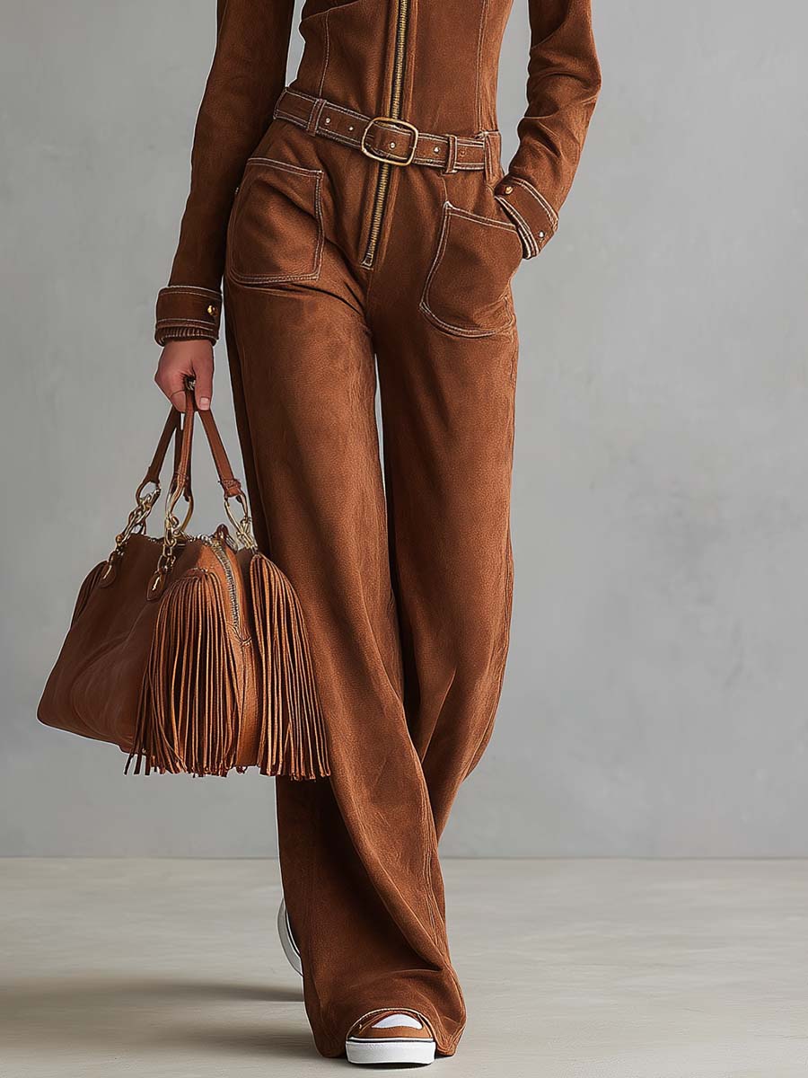 Barbara - Overall Western im Retro-Stil aus Kunstwildleder mit Reißverschluss und Kragen
