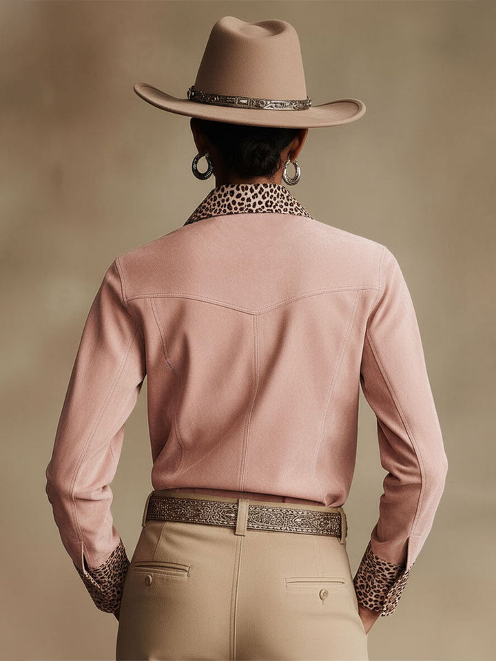 Natalie - Bluse Western im Retro-Stil aus Kunstwildleder Leopardenmuster mit V-Ausschnitt