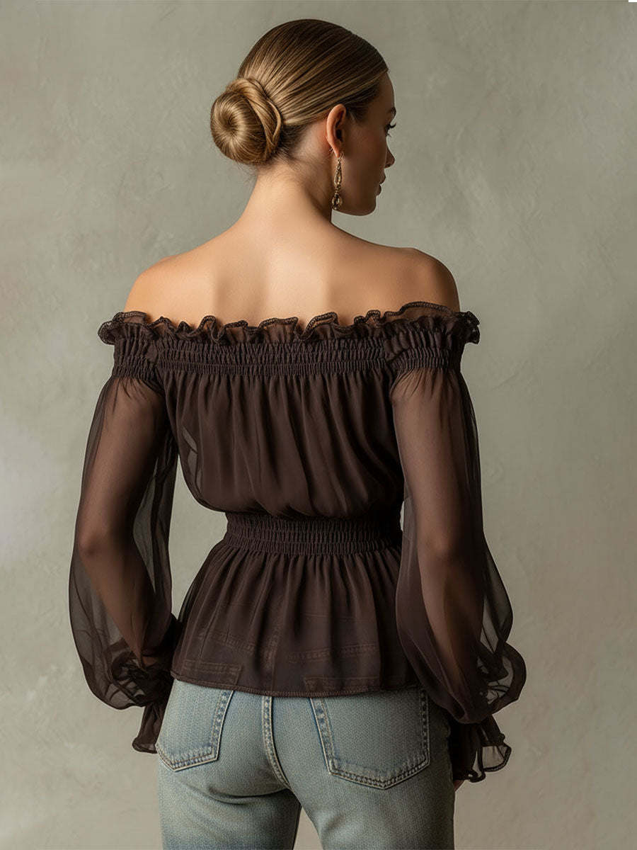 Sigrid - Bluse Western im Retro-Stil aus Chiffon mit Volants und schulterfrei