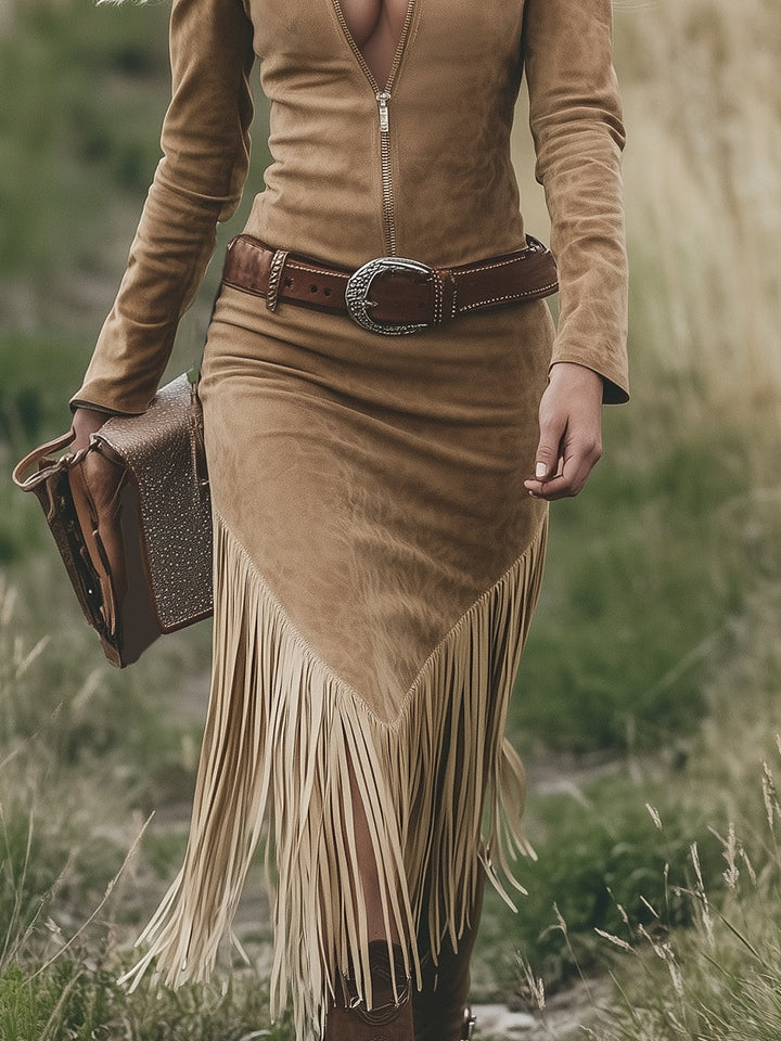 Mirella - Midikleid Western im Retro-Stil aus Kunstwildleder mit Reißverschluss und Fransen