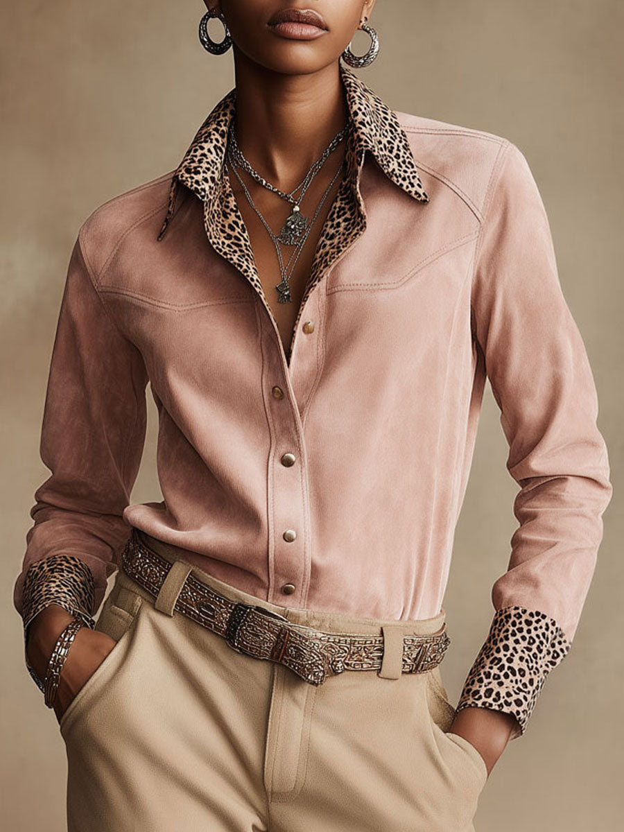 Natalie - Bluse Western im Retro-Stil aus Kunstwildleder Leopardenmuster mit V-Ausschnitt