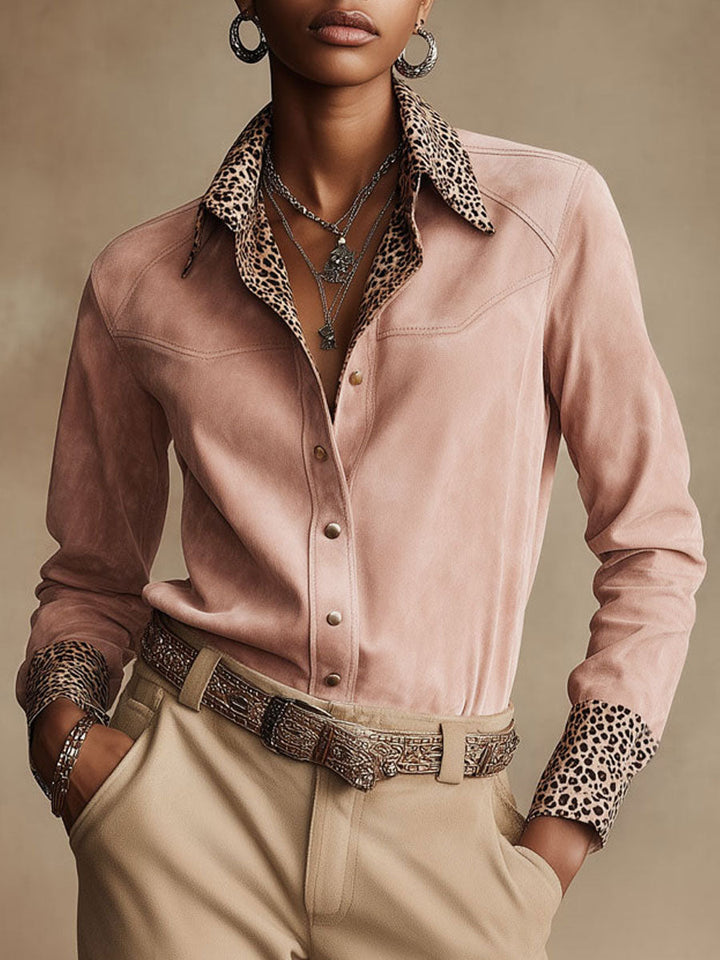 Natalie - Bluse Western im Retro-Stil aus Kunstwildleder Leopardenmuster mit V-Ausschnitt