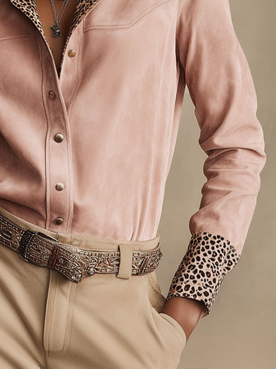 Natalie - Bluse Western im Retro-Stil aus Kunstwildleder Leopardenmuster mit V-Ausschnitt