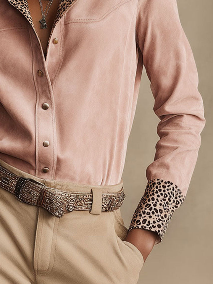 Natalie - Bluse Western im Retro-Stil aus Kunstwildleder Leopardenmuster mit V-Ausschnitt