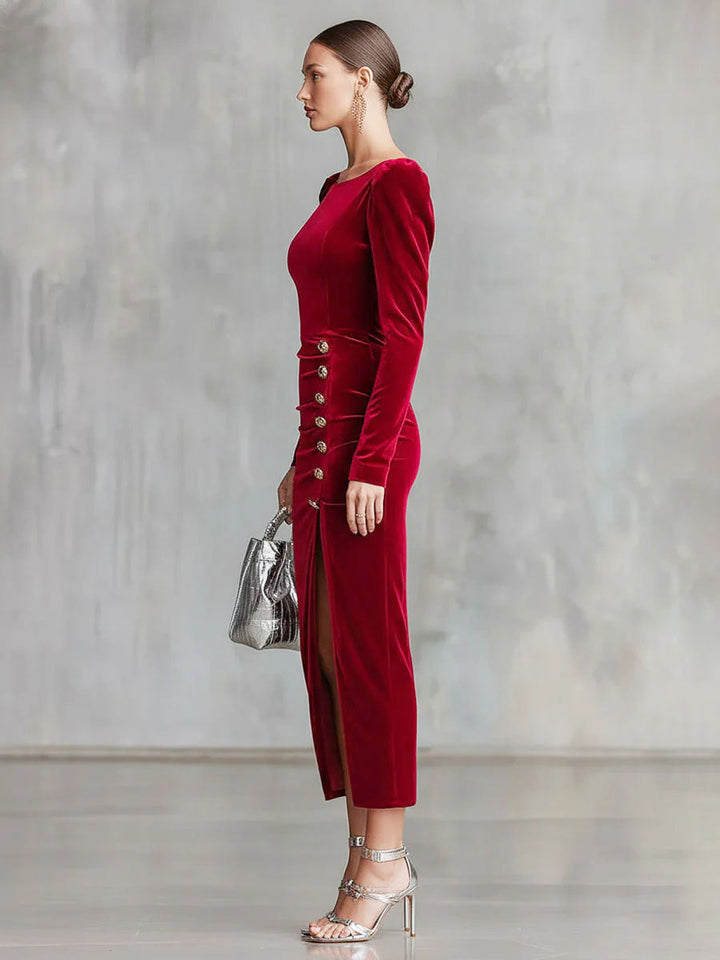 Livia - Elegantes Midikleid für besondere Abende aus Samt mit Kragen und Knöpfen